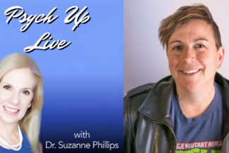 Collage featuring author Molly McCloy and her appearance on the PsychUp Live podcast.
